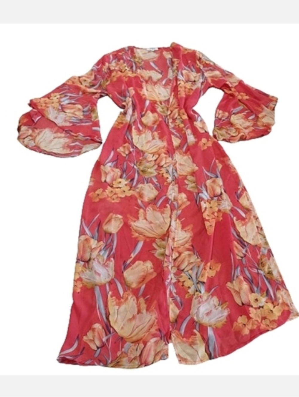 Umgee Coral Floral Ruffle Sleeve Kimono Duster - Size Large